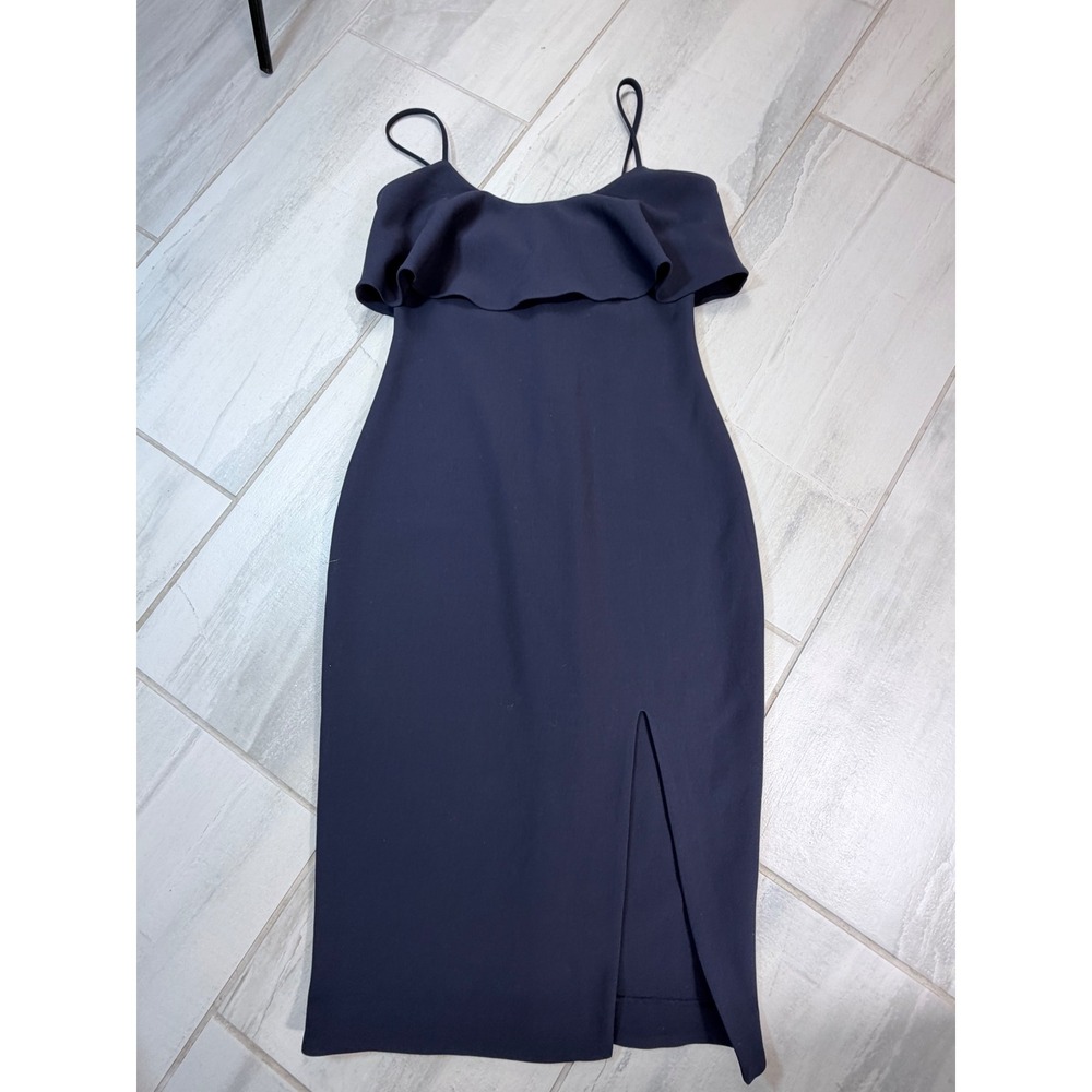 LIKELY Navy Blue Ruffle Off Shoulder Midi Dress with Slit Size 6